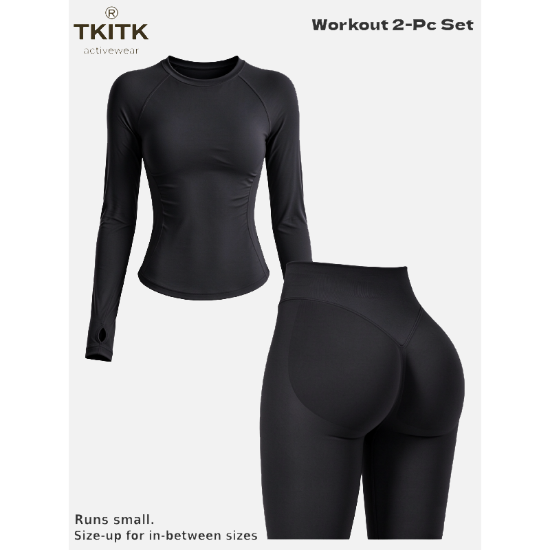TKITK Seamless Yoga Outfit 2-Piece Set, Long Sleeve Workout Top & High Waist Tight Leggings, Super Soft Stretchy Activewear for Gym, Cycling & Daily Wear