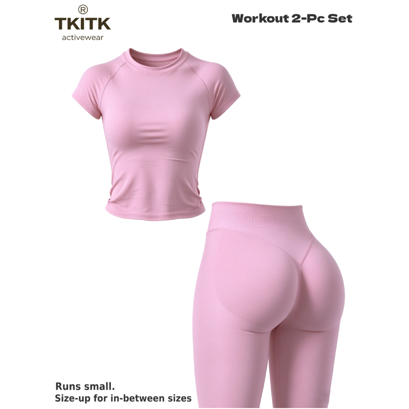 TKITK Women Seamless Workout Set, Short Sleeve Gym T-Shirt & Butt Lifting Yoga Leggings 2 Piece Activewear