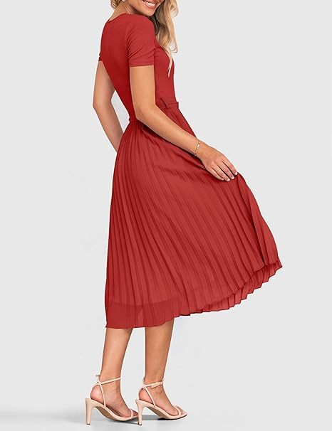 Womens Spring Casual Short Sleeve Midi Dresses 2024 Summer Crew Neck Ribbed Knit Belted Pleated A Line Long Dress