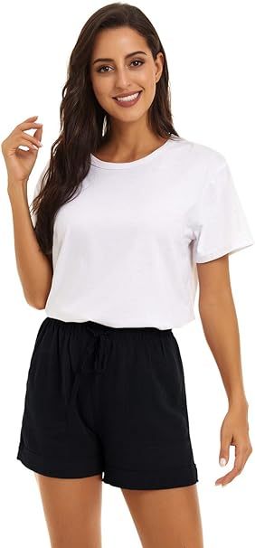 Women Casual Shorts Drawstring Comfy Elastic Waist Shorts Summer Pull On Short with Pockets