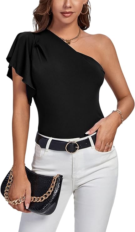 Women's Summer Elegant One Shoulder Ruched Ruffle Short Sleeve Blouse Top
