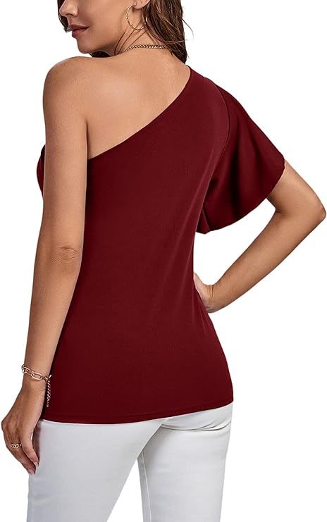 Women's Summer Elegant One Shoulder Ruched Ruffle Short Sleeve Blouse Top
