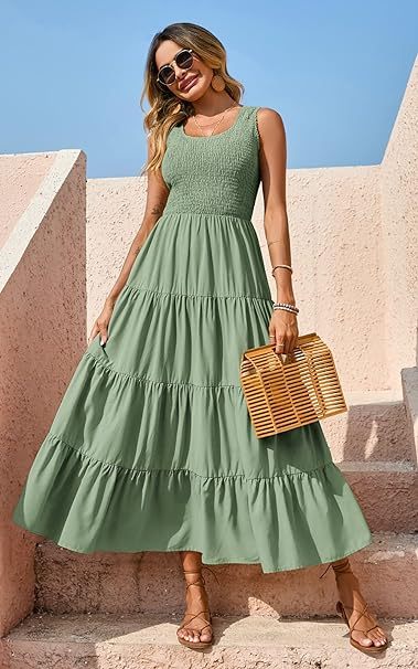 Women's Casual Loose Plain Maxi Sundress Smocked Tank Dress Sleeveless Summer Beach Tiered Long Dresses