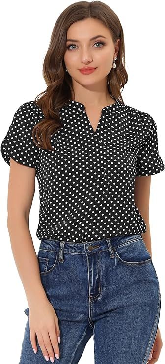 Women's Polka Dots Print V Neck Short Sleeve Elegant Work Office Tops