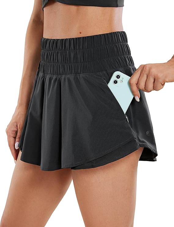 Athletic Shorts for Women High Waisted Flowy Ruffle Skirt Overlay Workout Running Tennis Shorts Zip Pocket