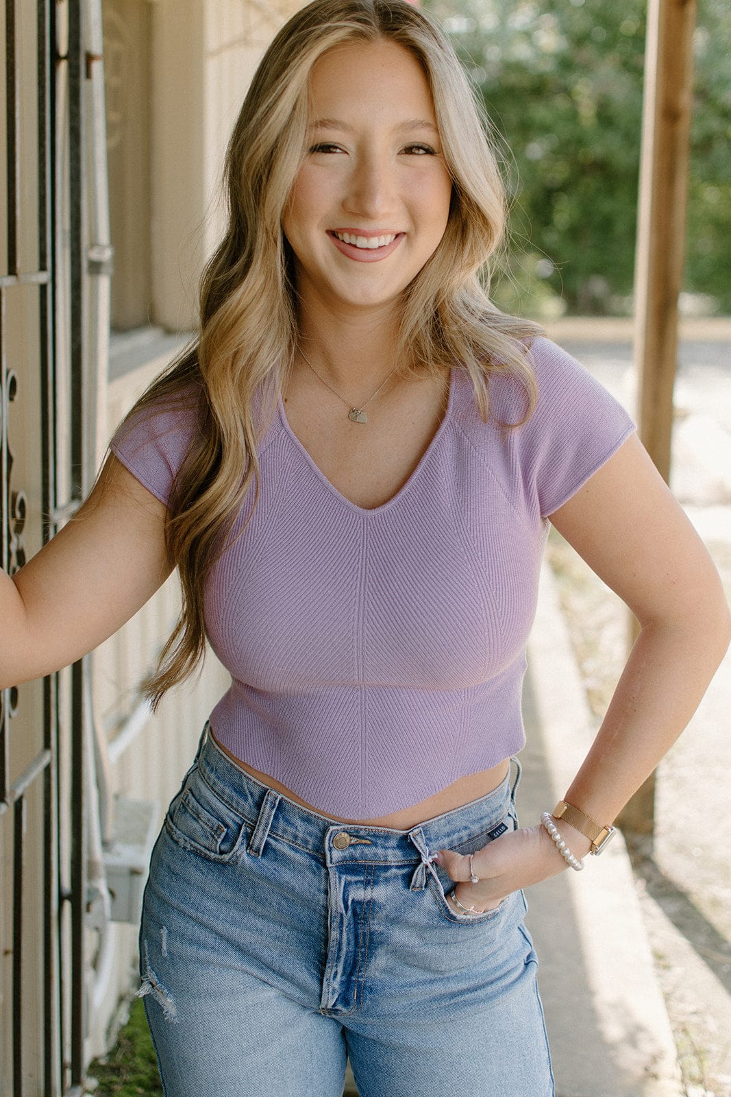 Lavender Cap Sleeve Ribbed Top