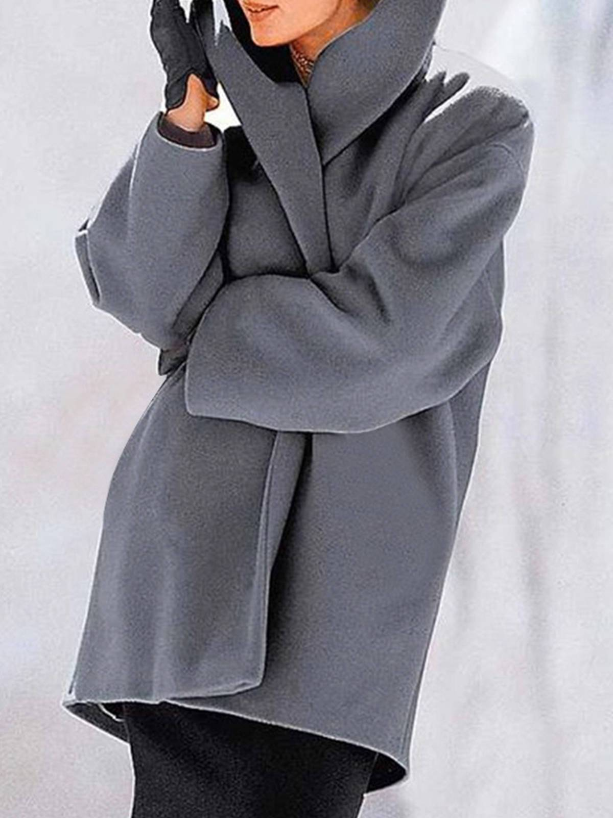 Round neck loose hooded woolen coat