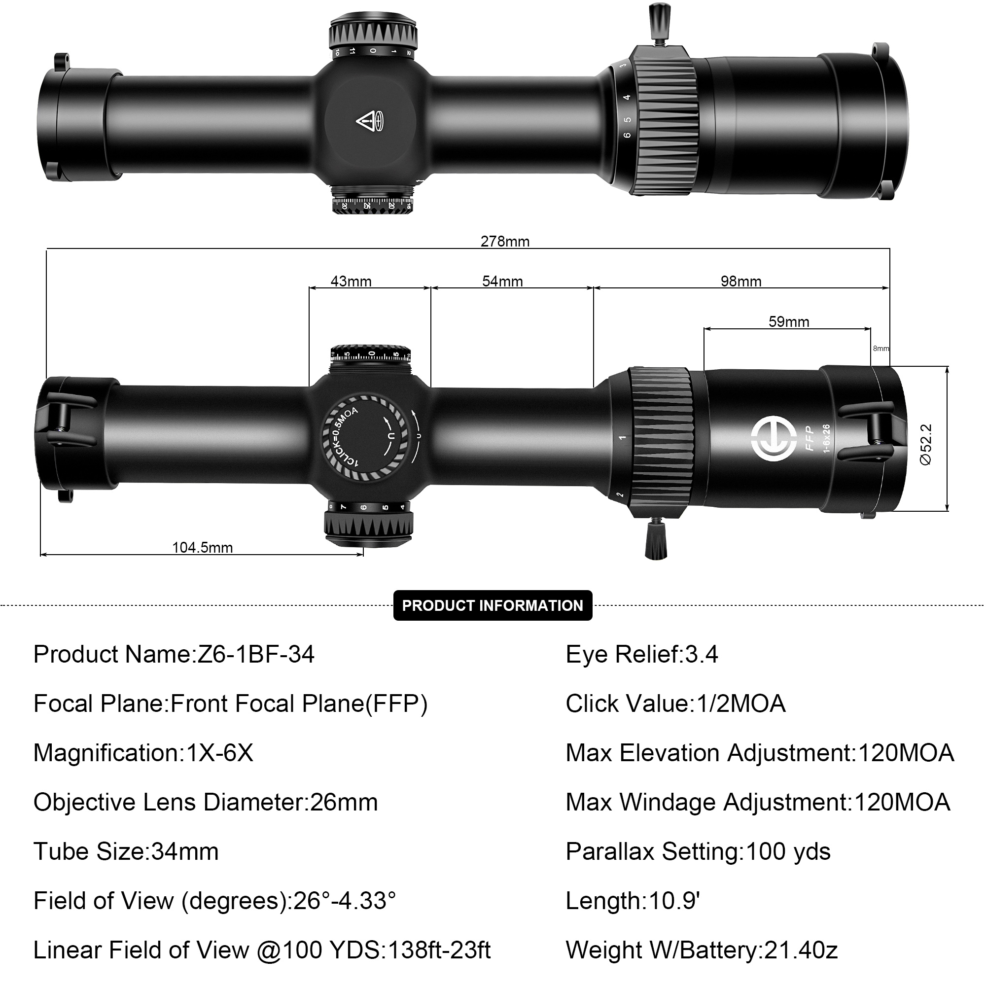 Hunters FFP 1-6X26 mm Waterproof Fog-Proof Rugged Tactical Hunting Scope