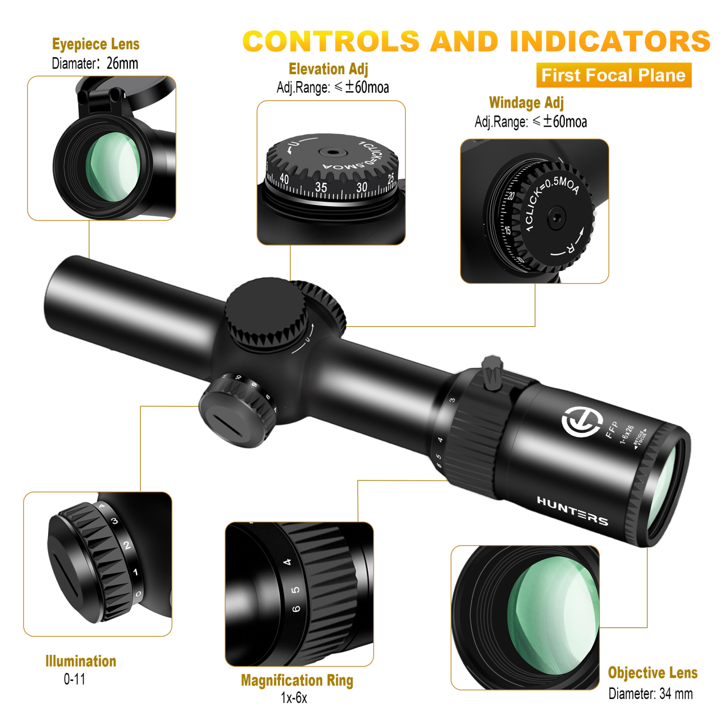 Hunters FFP 1-6X26 mm Waterproof Fog-Proof Rugged Tactical Hunting Scope