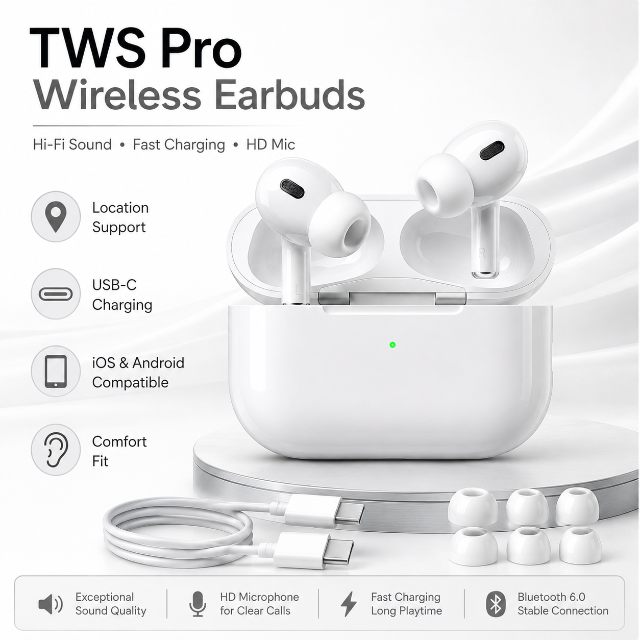 TWS Pro wireless in-ear Bluetooth earbuds deliver clear, high-definition call quality and feature noise cancellation, making them ideal for studying, working, and everyday use.