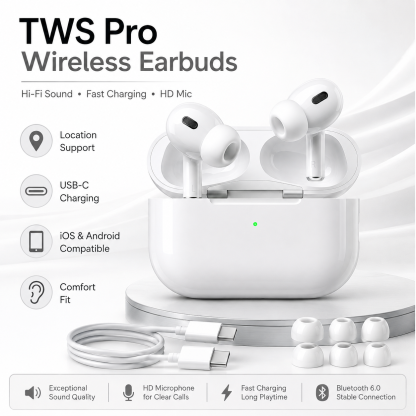 TWS Pro wireless in-ear Bluetooth earbuds deliver clear, high-definition call quality and feature noise cancellation, making them ideal for studying, working, and everyday use.