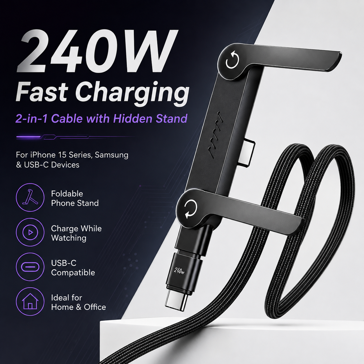 Invisible Charging Cable Holder, 240W Super-Fast Charging, 2-in-1 Type-C Cable, Black, Compatible with iPhone, Samsung, Moto, and Android