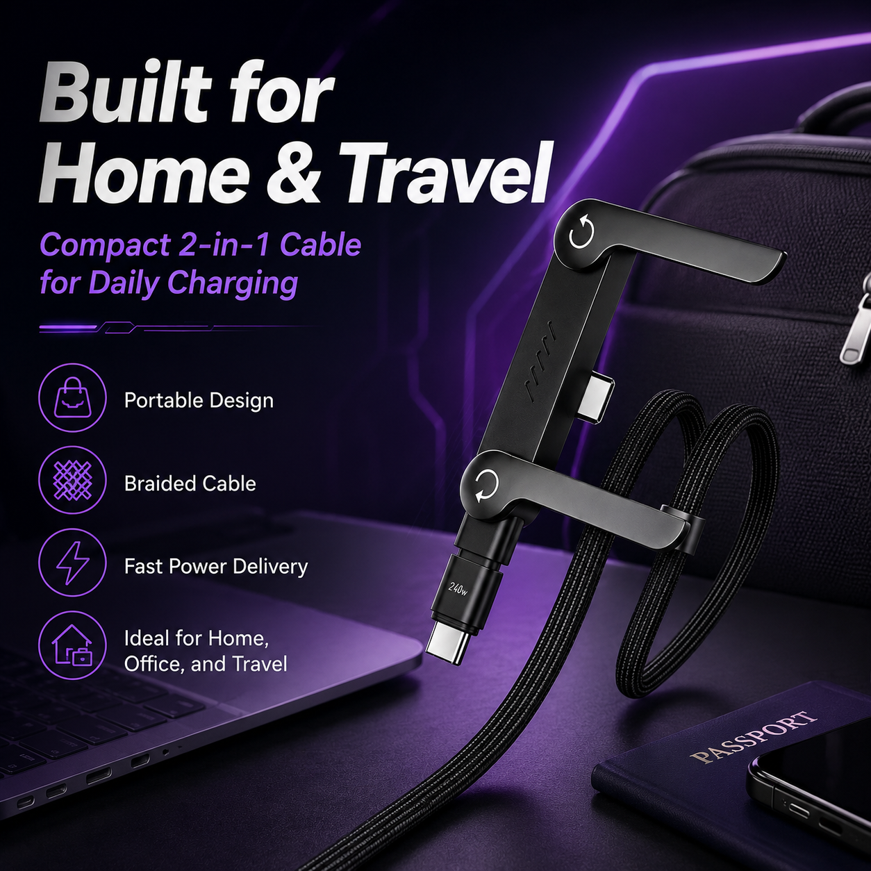 Invisible Charging Cable Holder, 240W Super-Fast Charging, 2-in-1 Type-C Cable, Black, Compatible with iPhone, Samsung, Moto, and Android