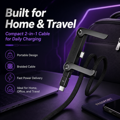 Invisible Charging Cable Holder, 240W Super-Fast Charging, 2-in-1 Type-C Cable, Black, Compatible with iPhone, Samsung, Moto, and Android