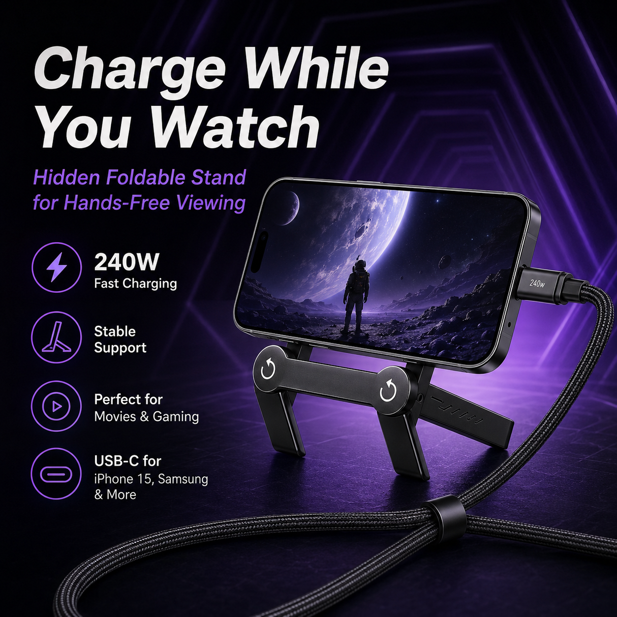 Invisible Charging Cable Holder, 240W Super-Fast Charging, 2-in-1 Type-C Cable, Black, Compatible with iPhone, Samsung, Moto, and Android