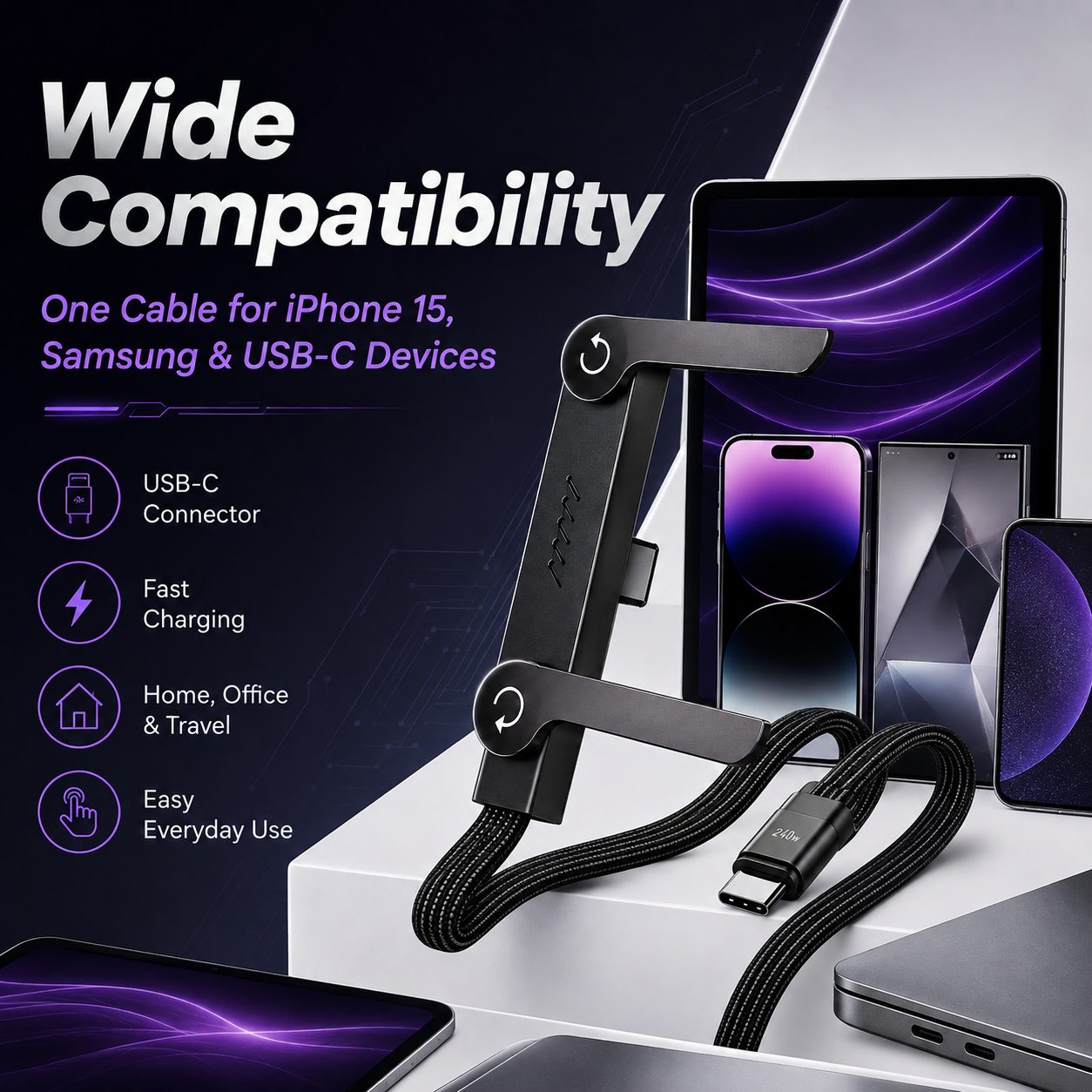 Invisible Charging Cable Holder, 240W Super-Fast Charging, 2-in-1 Type-C Cable, Black, Compatible with iPhone, Samsung, Moto, and Android