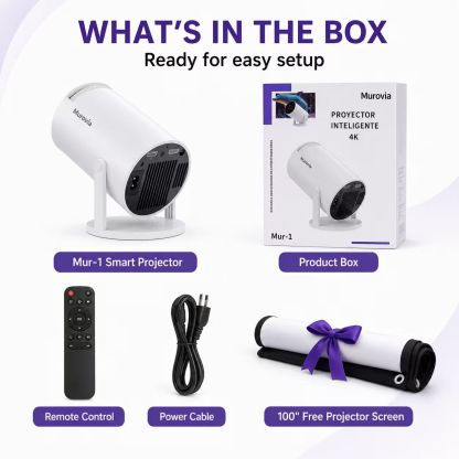 Hy300pro+ Projector, 290 Ansi Lumens, Dual Wifi6, 0.8:1 Short Throw Ratio, Native 1280x720p, Bluetooth-compatible 5.4, Android 14, Portable Home Cinema