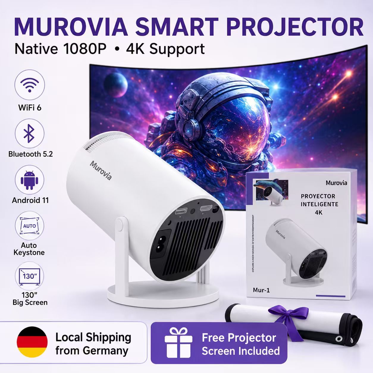 Hy300pro+ Projector, 290 Ansi Lumens, Dual Wifi6, 0.8:1 Short Throw Ratio, Native 1280x720p, Bluetooth-compatible 5.4, Android 14, Portable Home Cinema