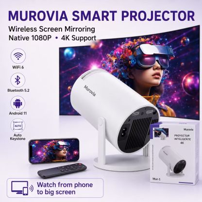 Hy300pro+ Projector, 290 Ansi Lumens, Dual Wifi6, 0.8:1 Short Throw Ratio, Native 1280x720p, Bluetooth-compatible 5.4, Android 14, Portable Home Cinema