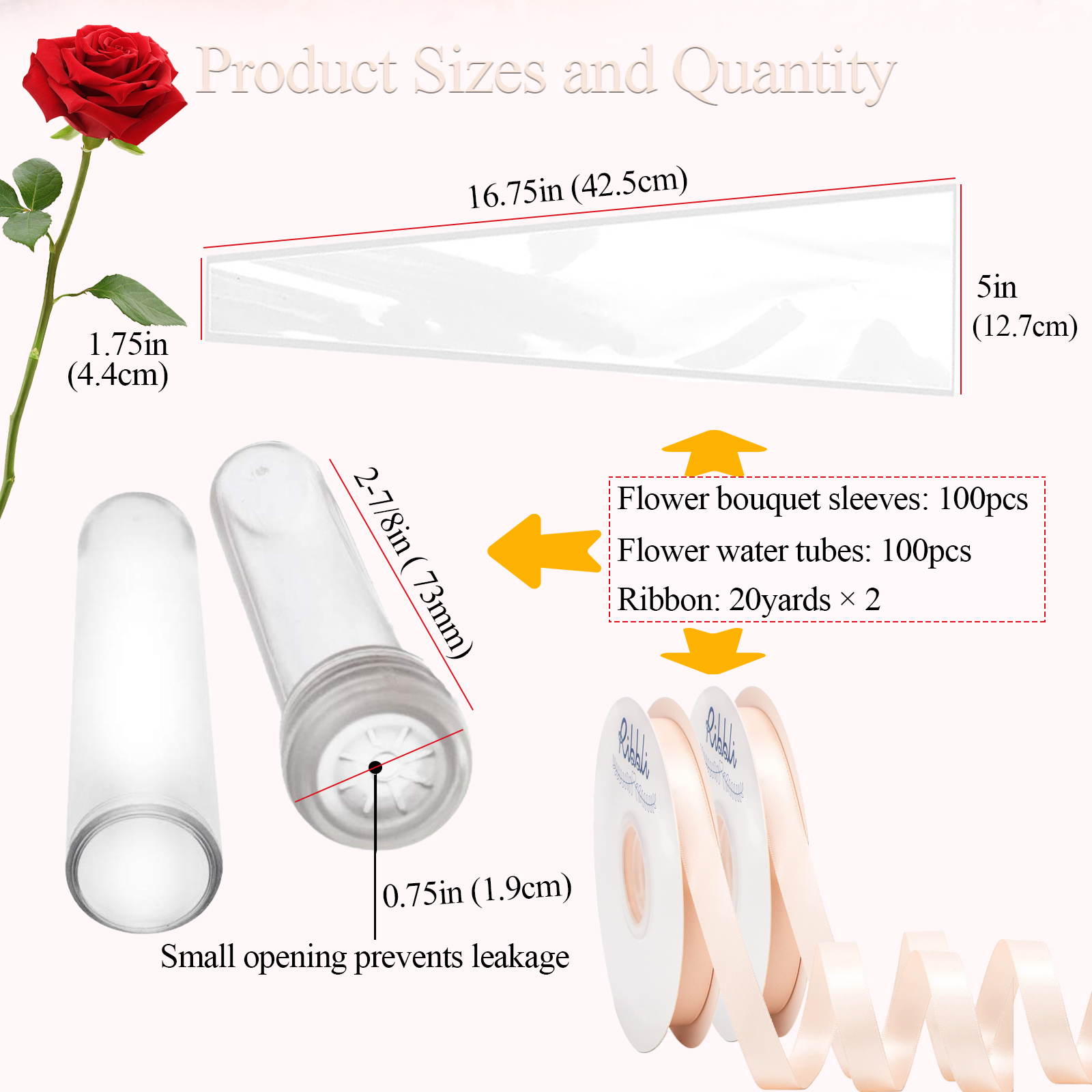 Flower Sleeves for Bouquets 100 Pcs Clear Single Rose Sleeve - 100 Pcs Floral Water Tubes for Bouquets - 40 Yards Light Pink Ribbon for Gift Wrapping