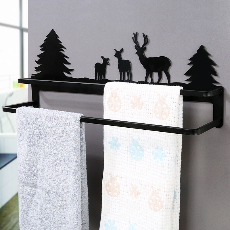 Towel Racks for Bathroom,Matte Black  Self Adhesive Bathroom Towel Holder Wall Mounted,Rustic Kitchen Dish Towel Hanger with Double Towel Bar