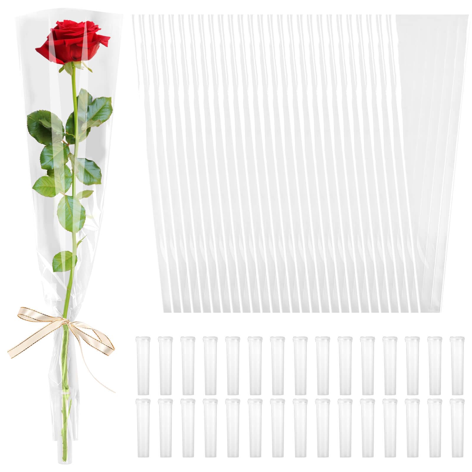 Flower Sleeves for Bouquets 100 Pcs Clear Single Rose Sleeve - 100 Pcs Floral Water Tubes for Bouquets - 40 Yards Light Pink Ribbon for Gift Wrapping