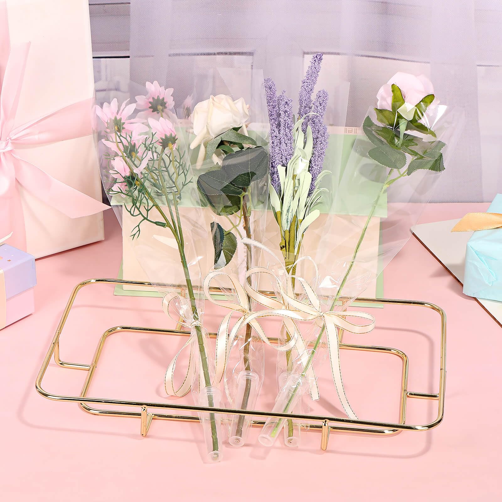 Flower Sleeves for Bouquets 100 Pcs Clear Single Rose Sleeve - 100 Pcs Floral Water Tubes for Bouquets - 40 Yards Light Pink Ribbon for Gift Wrapping