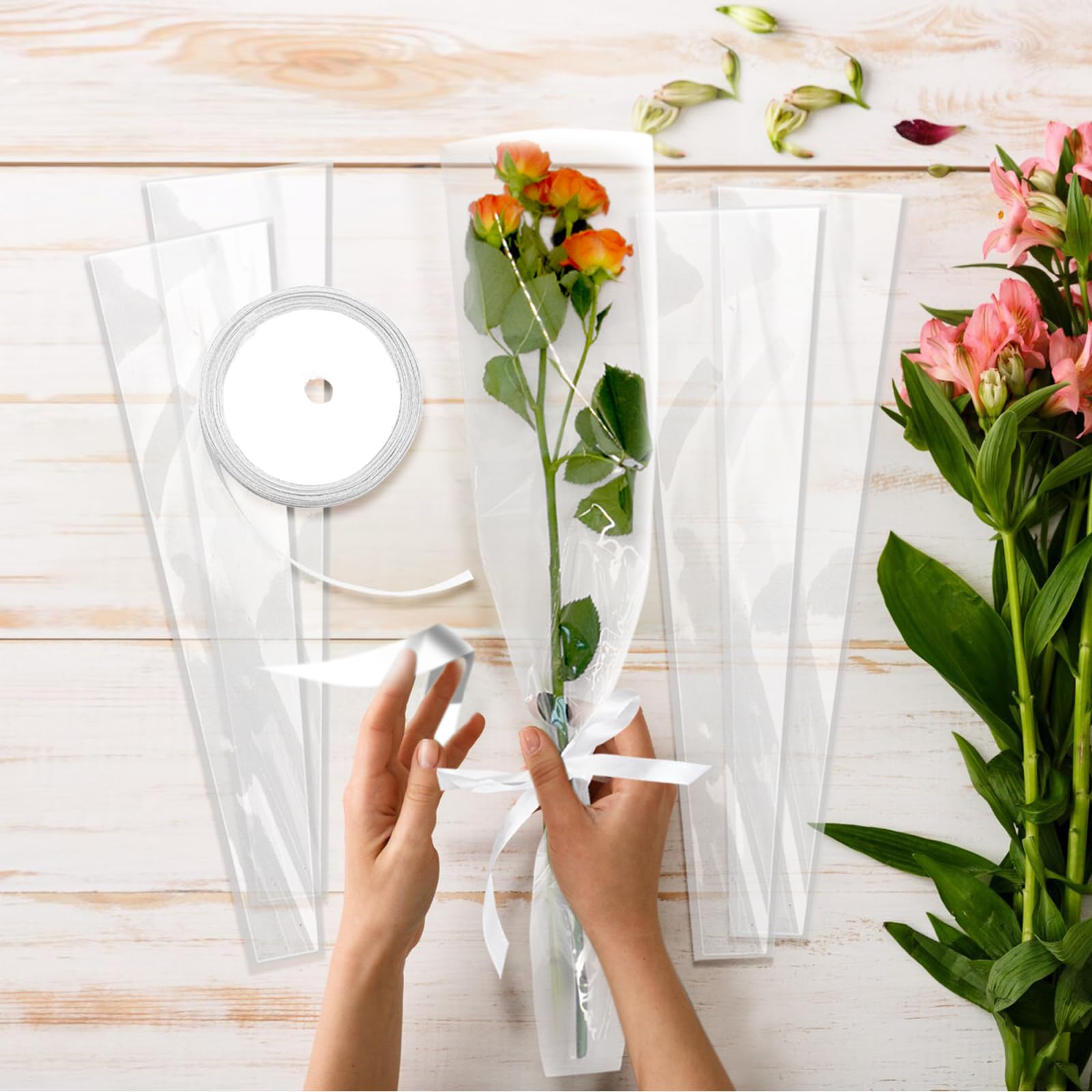 Flower Sleeves for Bouquets 100 Pcs Clear Single Rose Sleeve - 100 Pcs Floral Water Tubes for Bouquets - 40 Yards Light Pink Ribbon for Gift Wrapping