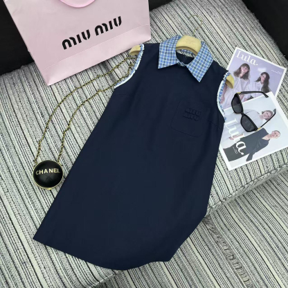 Miu New Plaid Lapel Sleeveless Dress