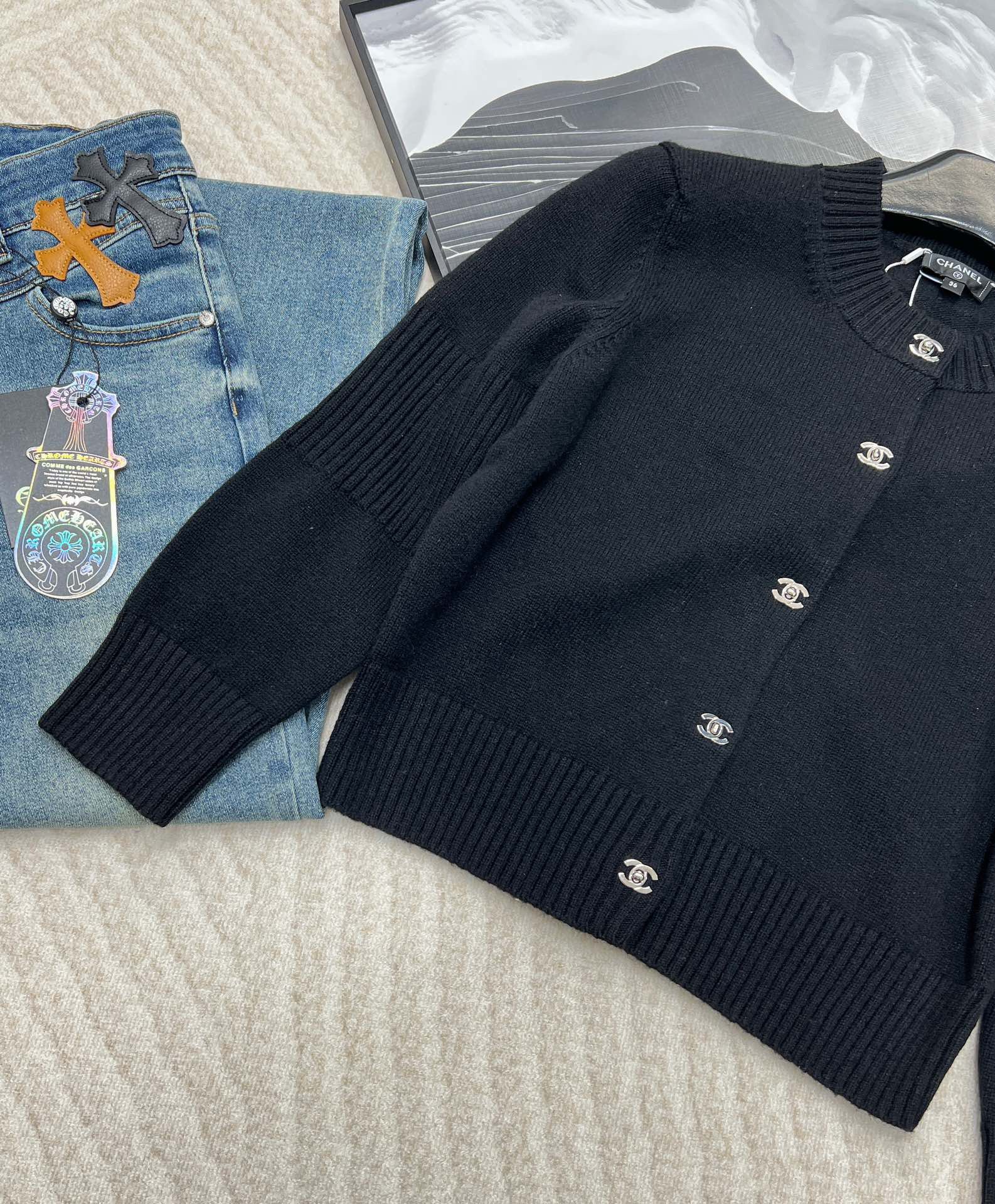 CHNEL Black Double C Button Cashmere Cardigan