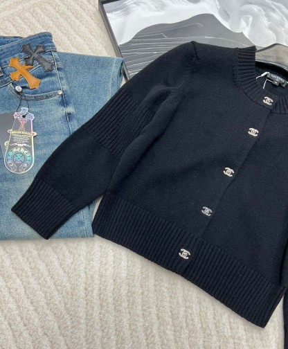 CHNEL Black Double C Button Cashmere Cardigan