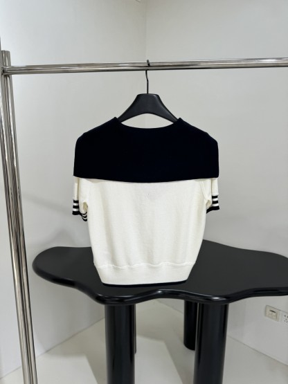 Navy Collar Wool Patchwork Polo Shirt