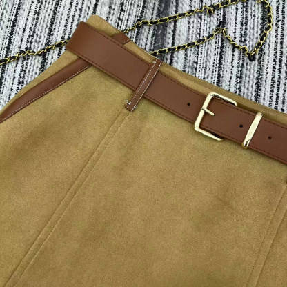 MIU25SS Patchwork Leather Trimmed Deerskin Velvet Small A Short Half Skirt