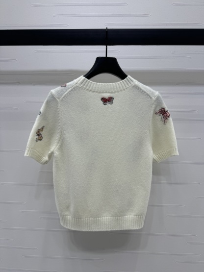 DIO25SS Butterfly Embroidery Round Neck Knit Short Sleeve T-Shirt