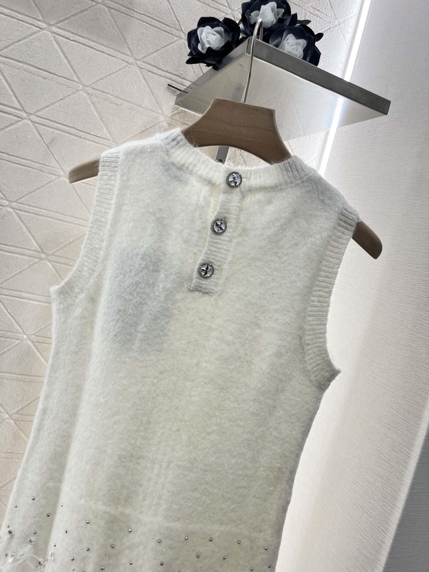 CHANE25SS Rhinestone Feather Knit Vest Dress