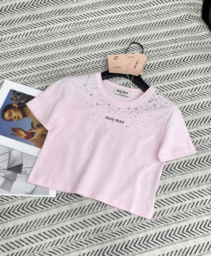 MIU25SS Handmade Starry Star Beaded Pattern Letter Short T-Shirt