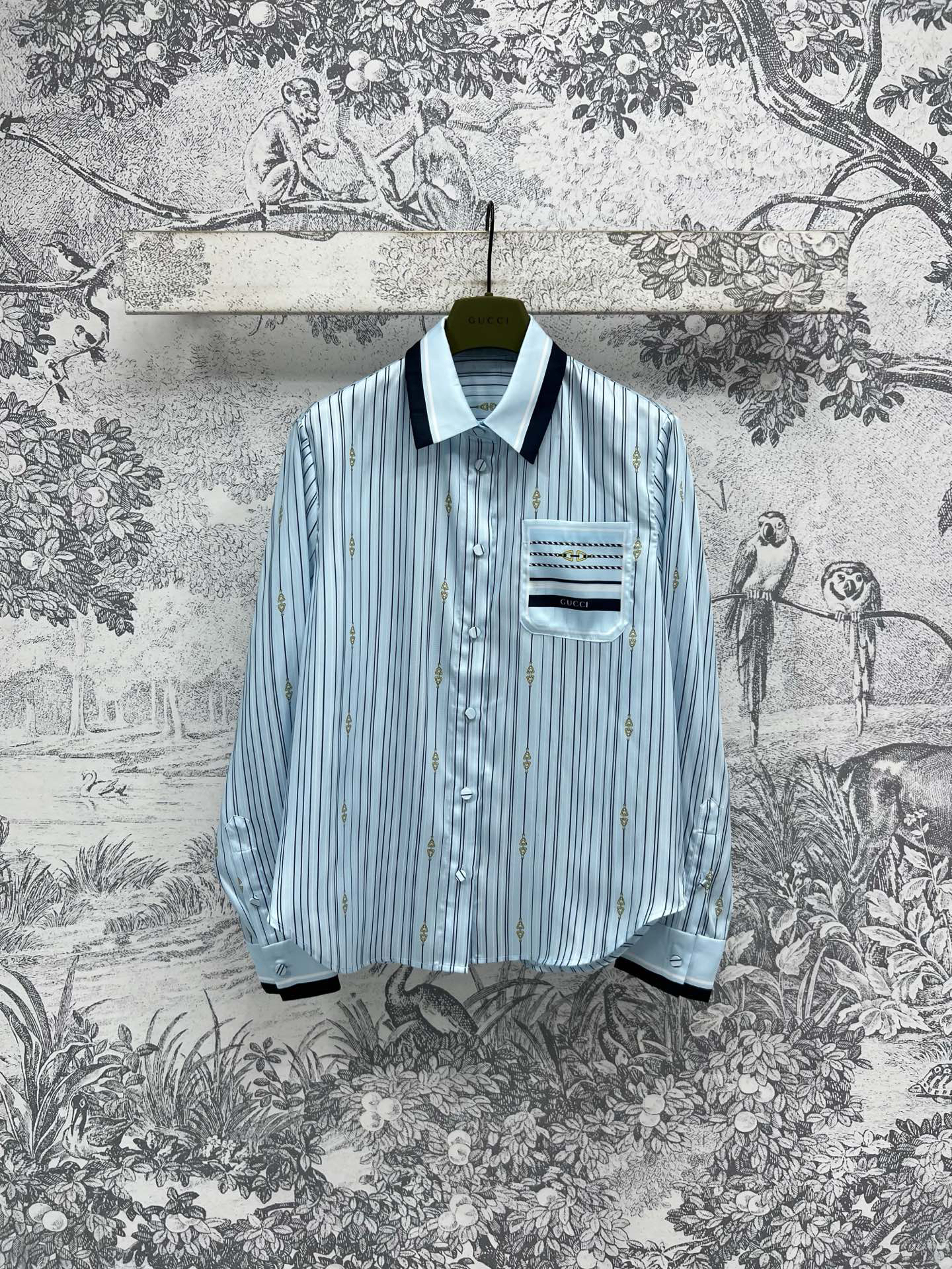 GUCC25SS Striped Saddle Button Pattern Lapel Shirt