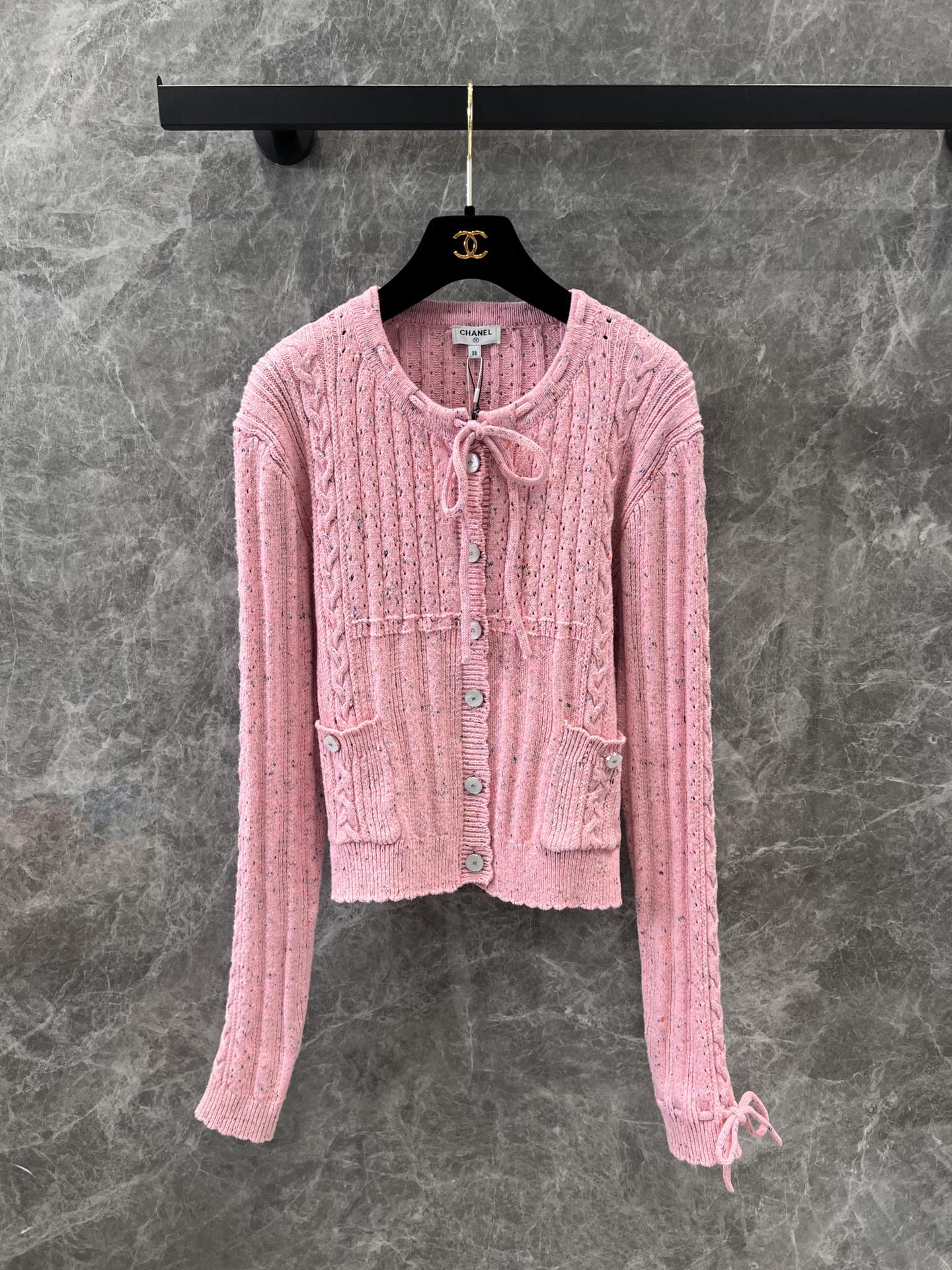 CHANE25SS Crafted Lace-Up Pink Cardigan