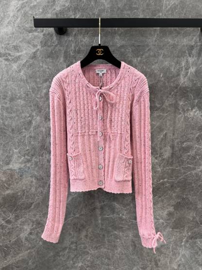 CHANE25SS Crafted Lace-Up Pink Cardigan