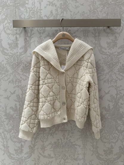 DIO White Rattan Check Navy Collar Cardigan