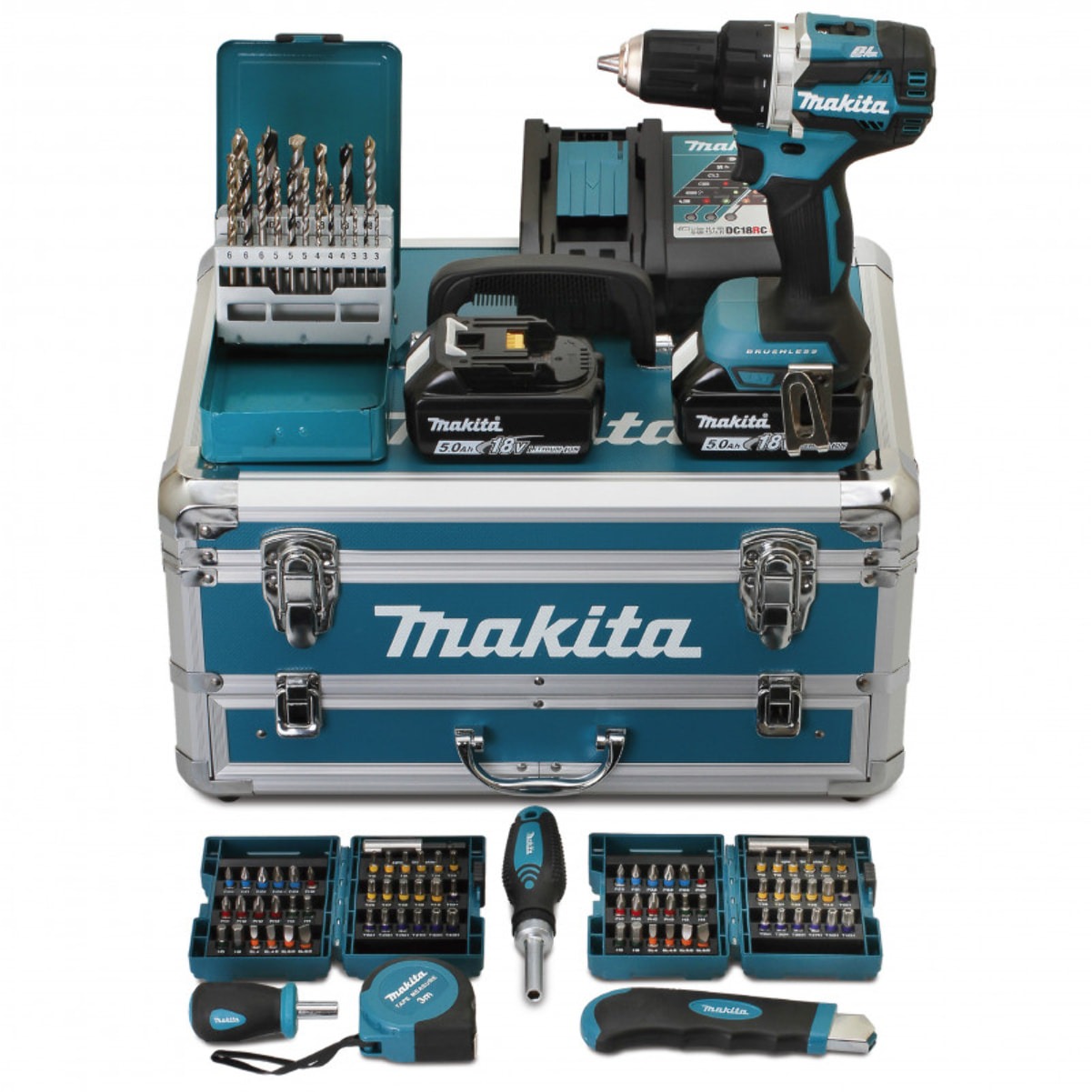 MAthtKITA Perceuse visseuse 18V Ø13 mm - MAthtKITA - Avec 2 batteries LXT® 18V 5Ah + chargeur rapide + Coffret alu avec tiroir 96 accessoires - DDF484RTX6
