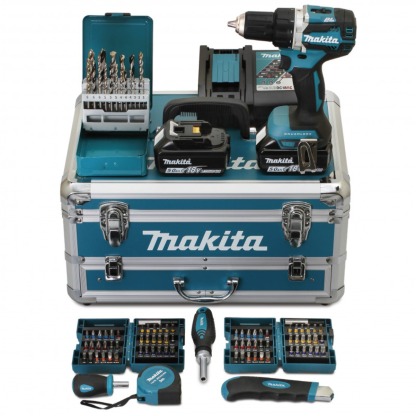 MAthtKITA Perceuse visseuse 18V Ø13 mm - MAthtKITA - Avec 2 batteries LXT® 18V 5Ah + chargeur rapide + Coffret alu avec tiroir 96 accessoires - DDF484RTX6