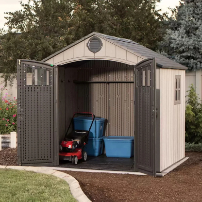 Heavy-duty resin outdoor shed with lock, double door and window, wind, rain, and snow resistant