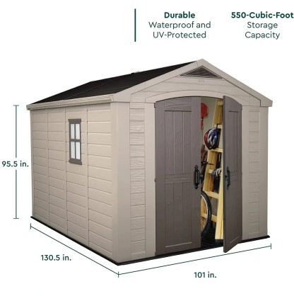 Heavy-duty resin outdoor shed with lock, double door and window, wind, rain, and snow resistant