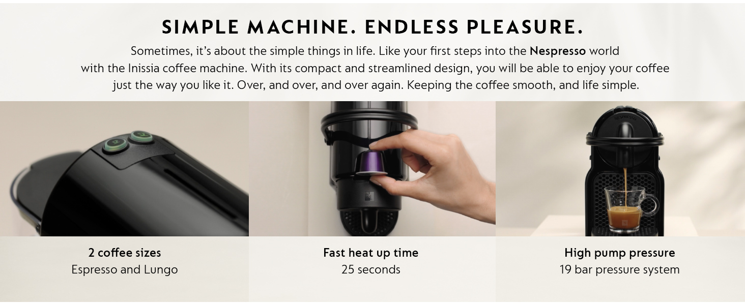 Le texte se lit comme suit : « MACHINE SIMPLE ». UN PLAISIR INFINI. » Séquence de démonstration du produit montrant le fonctionnement de la cafetière avec des illustrations noires de l'appareil et de la tasse.