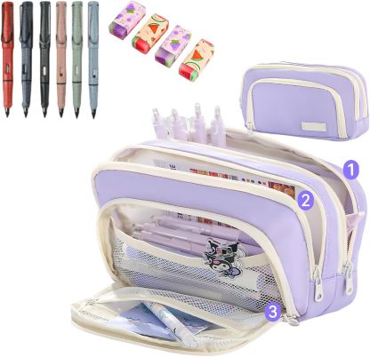 Big Capacity Pencil Case, Cute Pencil Pouch, Aesthetic Pencil Case, Kawaii Pencil Case, Pencil Cases for Teen Girls, Pencil Case with Compartments (Light Blue)