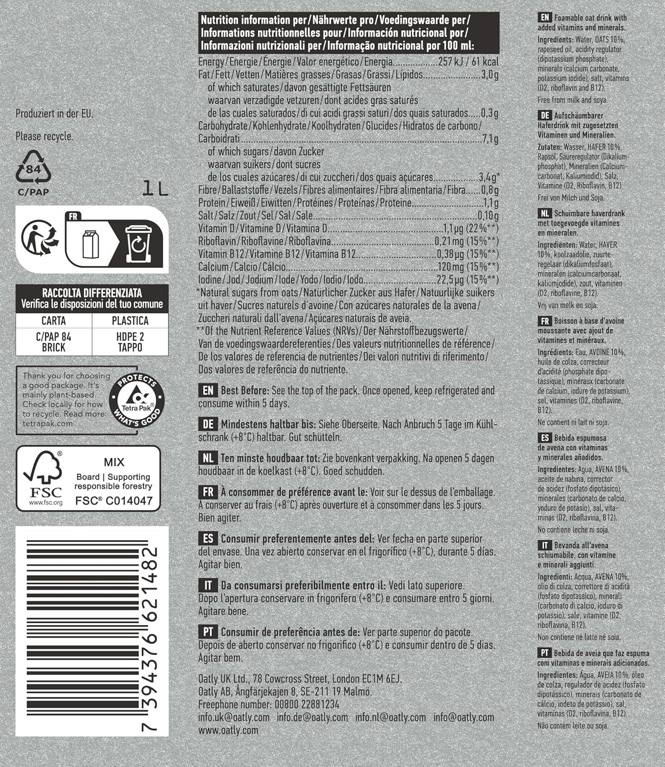 Oatly Barista Lait d'Avoine 6x1Litre
