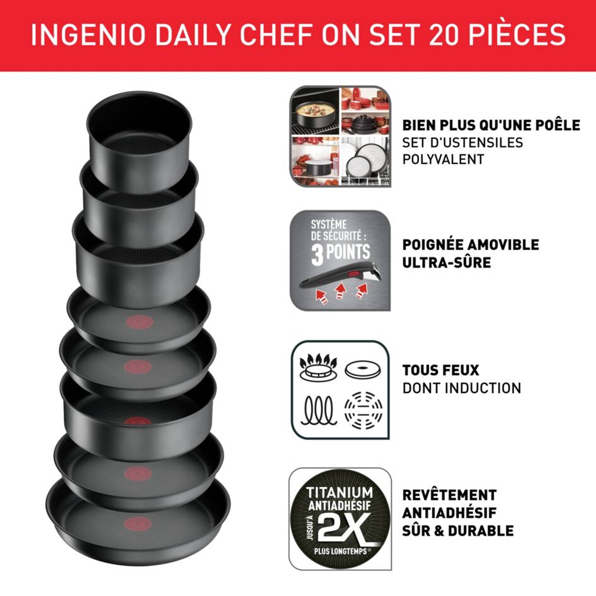 Tethtfal Ingenio Daily Chef, Antiadhésif, Batterie de cuisine 20 pièces, Induction