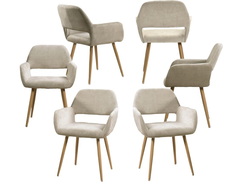 Lot de 6 chaises de salle à manger fauteuil assise rembourrée en tissu, pieds en métal effet bois, style scandinave, beige