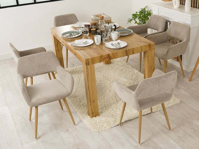 Lot de 6 chaises de salle à manger fauteuil assise rembourrée en tissu, pieds en métal effet bois, style scandinave, beige